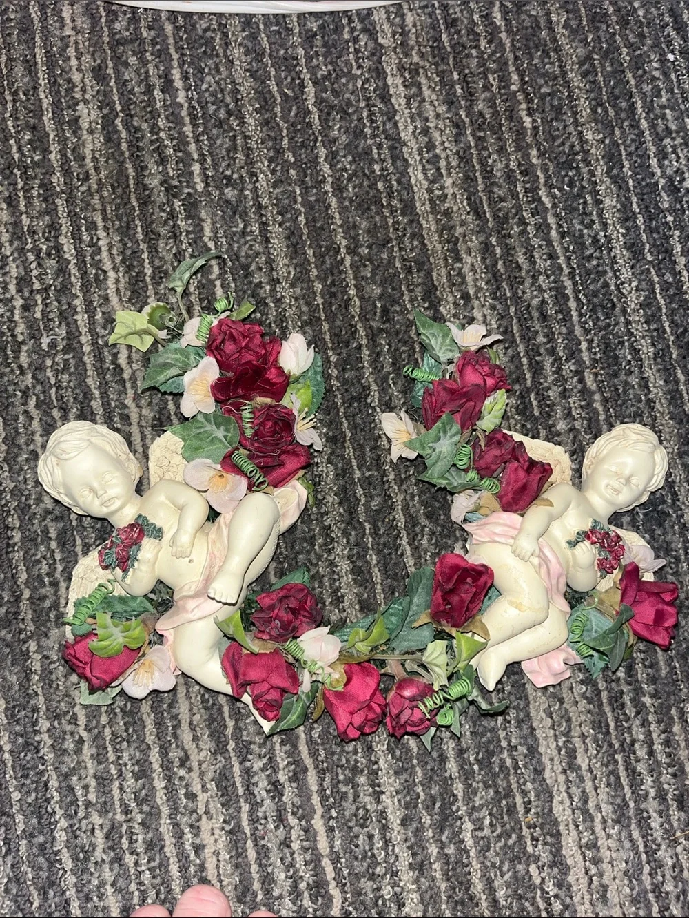 Decorative Cherub Wall Plaques with Burgundy Roses - Home Accents Resin